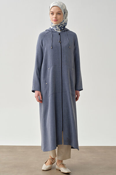 Tuğba Fermuar Kapamalı Kapüşonlu Kap - İndigo