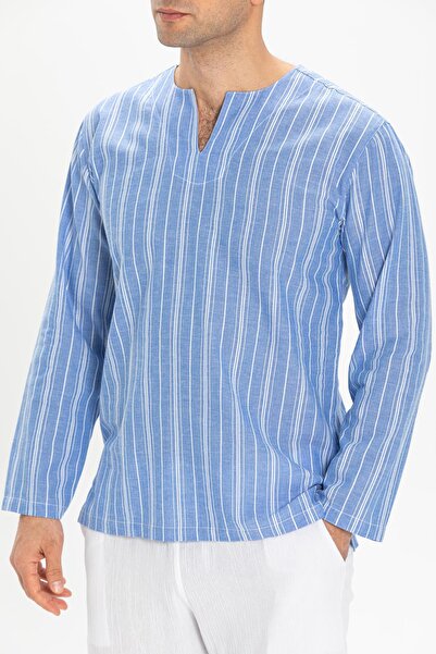 Eliş Şile Bezi Ανδρικό καλοκαιρινό μπλουζάκι με μακρύ μανίκι Şile υφασμάτινο λαιμόκοψη μπλε λευκό ριγέ 3019