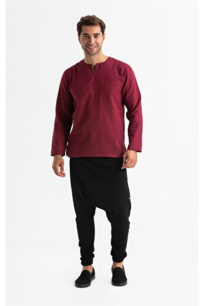 Eliş Şile Bezi Довгий рукав Шіле Бейзі Велосипедний комір Чоловічий літній футболка Темно-бордовий 3068