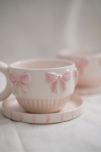 woness studio El Yapımı Kurdele Fiyonk Seramik Kahve Fincanı 1 Kişilik 140 ml