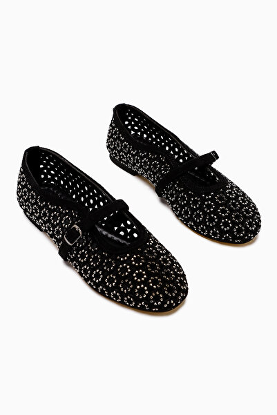 Limoya Nicki Black Suede Oval Toe Perforated Stone Detailed Single Strap Casual Women's Shoes