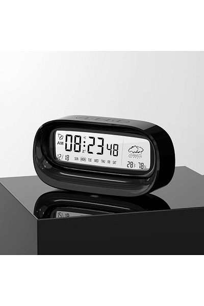 COOYA Digital Alarm Clock, LED Mirror Desk Clock, Weather Humidity  Digital Calendar Clock (Black)