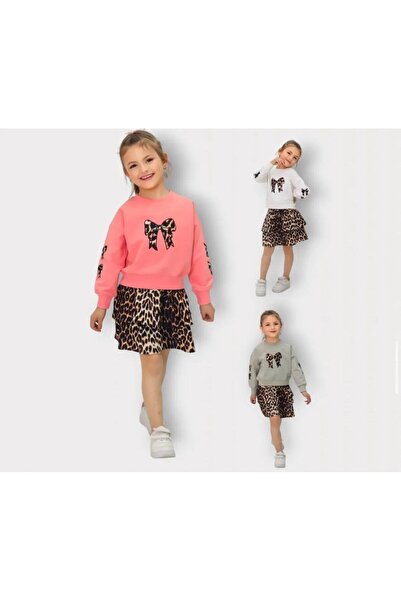 ribana Set de 2 piese pentru fete cu fustă leopard albă și broderie cu fundă ...