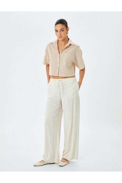 Koton Single Pocket Detailed Short Sleeve Striped Crop Shirt
