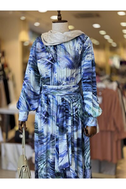 Zühre ÇİÇEK DESENLİ ELBİSE MAVİ 0455