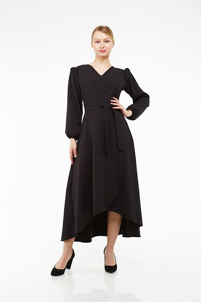 sharin Rochie neagră asimetrică cu guler dublu pentru femei 18k-4079