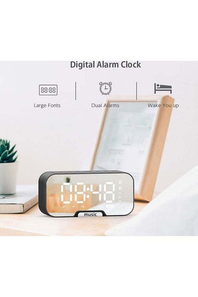 COOYA Digital Mirror Surface Alarm Clock With BT Speaker And FM Radio for Home Black 13.9 x 4.5 x 6.8cm