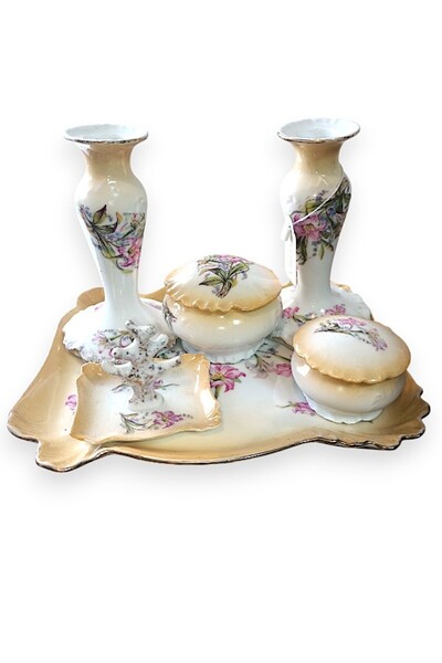 Fransız Limoges Vintage Antika Damgalı Dekoratif Porselen Banyo Seti