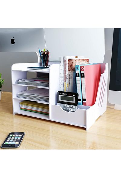 KidLe 4-Tier Office White Desktop Organizer Paper File Rack with Horizontal File Holder