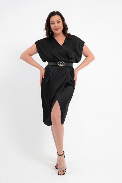 Lafaba Γυναικείο Μίντι Φόρεμα Μαύρο Διπλό γιακά Ζώνη Plus Size