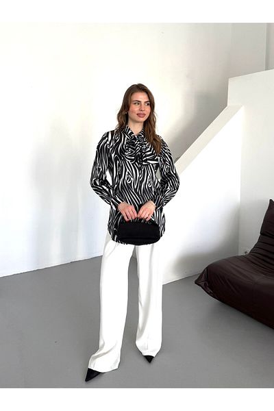 Appleline Cămașă de damă din satin cu model zebră cu fundă