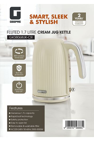 Geepas 1.7 L Fluted Jug Kettle-GK38068UK-GR, 360-Degrees Rotation, Boil Dry Protection and Automatic CutOff