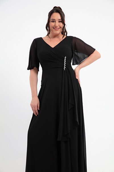 Lafaba Women's Black V Neck Stones Plus Size Long Chiffon Evening Dress