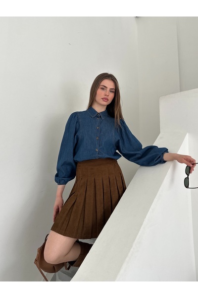 ONE8 Beli Lastikli Yan Fermuarlı Pileli Süet Mini Etek