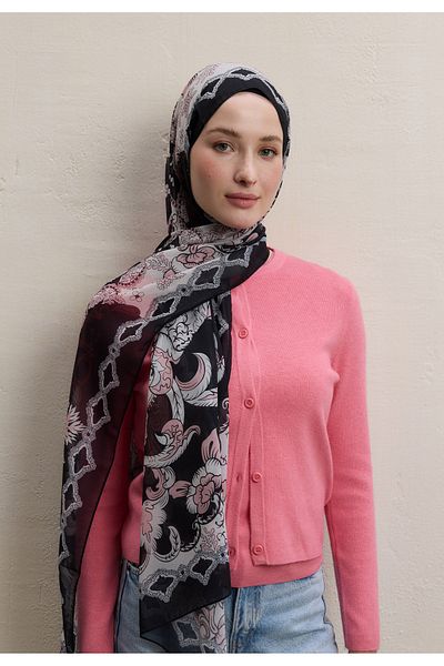 Fresh Poppies Pattern Silk Crepe Shawl Black