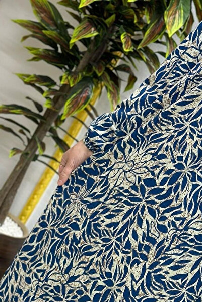 Elmas Tesettür Γυναικεία Ρούχα Μασούρι Φόρεμα Ολόσωμο με Μοτίβο Φύλλων Μεγάλου Μεγέθους