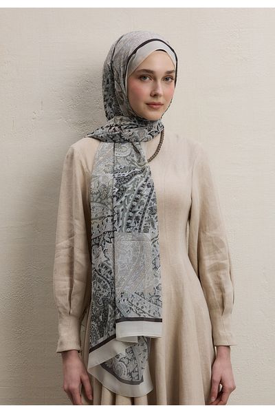 Fresh Paisley Patch Pattern Silk Crepe Shawl Mink