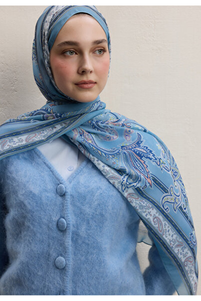 Fresh LUNA DESEN İPEK KREP ŞAL PASTEL MAVİ