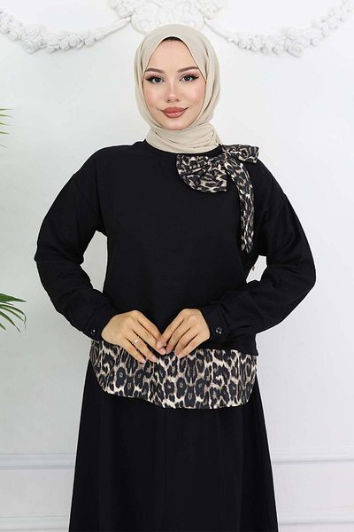 benguen Leopard Patterned Suit - 4804 Model with Black Ribbon Detail