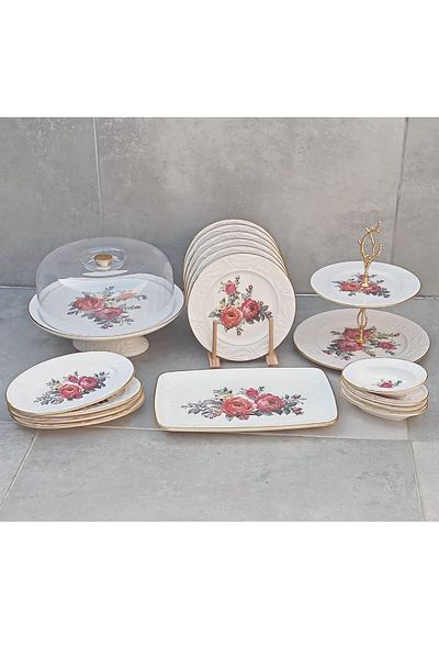 Pinkev 19 Piece Ceramic Cake Presentation Plate Set for 6 People
