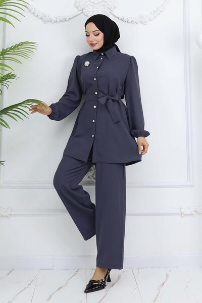 benguen Belted Double Suit with Pearl Brooch Anthracite 4768