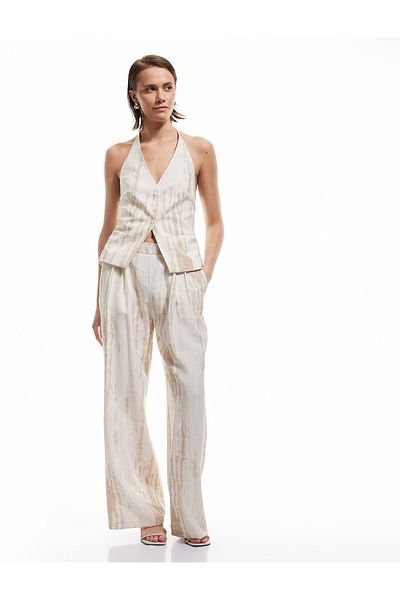 Koton Viscose Blended Tie Dye Patterned High Waist Straight Loose Wide Leg Trousers with Pockets