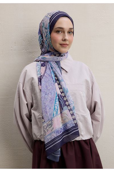 Fresh Silk Crepe Shawl Lilies Pattern with Lavender