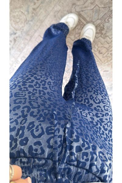 Buket Teke Blue Leopard Print Silk Satin Trousers
