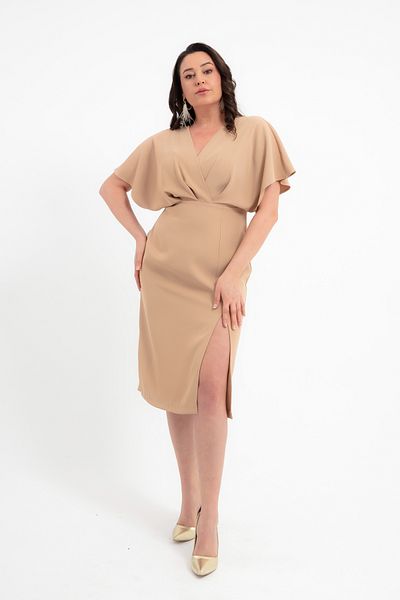OFZE Women's Camel Double Breasted Collar Slit Large Size Dress
