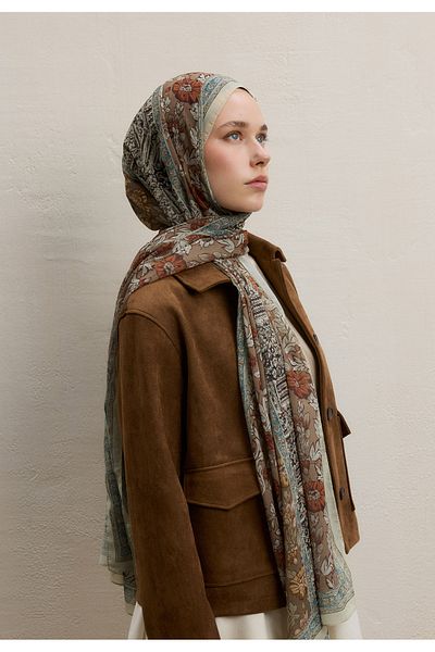 Fresh Adella Silk Crepe Shawl, Earth Motif