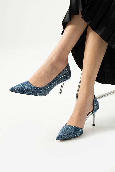Güllü Shoes Дамски обувки на висок ток с деним вид, остър връх, 7 см, стилни, за ежедневен офис, покана за специален ден