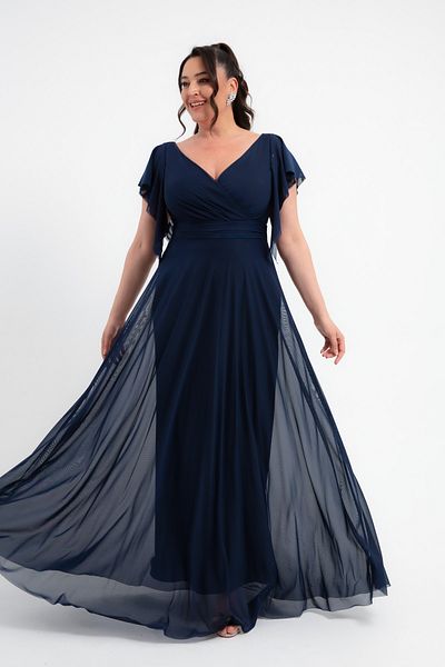 Lafaba Women's Navy Blue V Neck Short Sleeve Plus Size Long Evening Dress