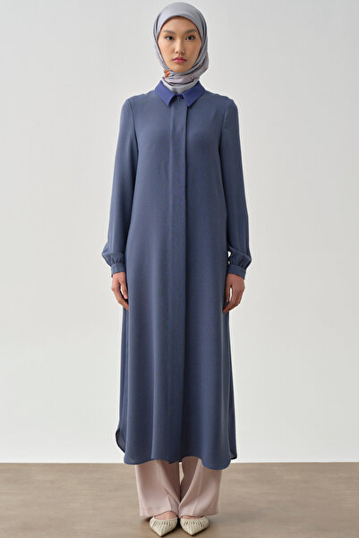 Tuğba Sıfır Yaka Gizli Patlı Ferace - Mavi