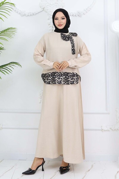 benguen Leopard Patterned Suit - 4804 Color Stone with Ribbon Detail