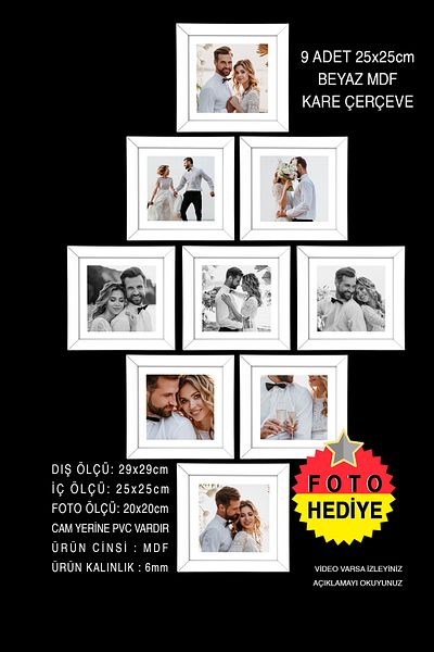 yhfoto 9 Pieces 25x25 Frame - White Frame - MDF Square Frame - Photo Frame Set