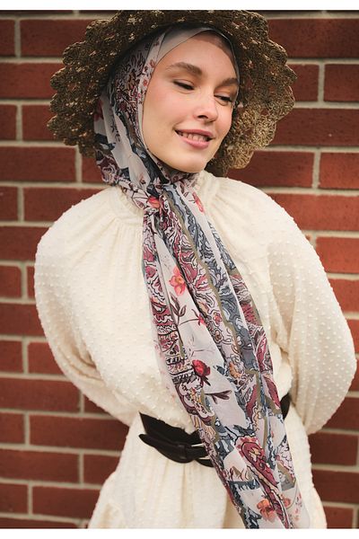 Fresh Beige Aliza Pattern Silk Crepe Shawl