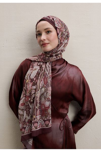 Fresh Burgundy Verona Design Silk Crepe Shawl