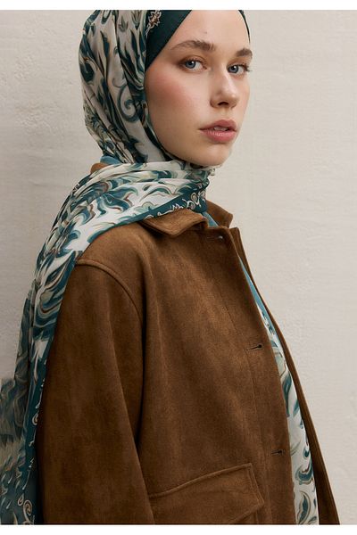 Fresh Laura Pattern Silk Crepe Shawl Dark Green