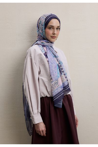 Fresh Silk Crepe Shawl Lilies Pattern with Lavender