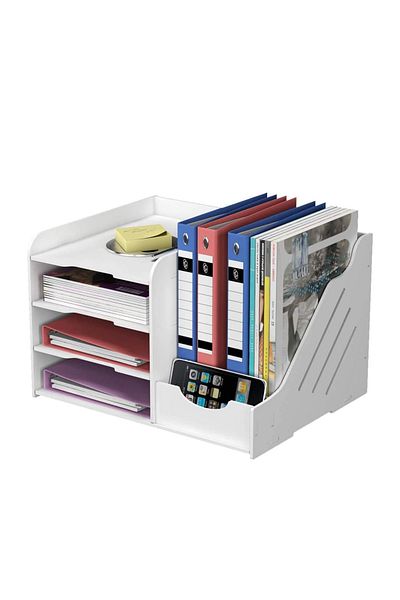 KidLe 4-Tier Office White Desktop Organizer Paper File Rack with Horizontal File Holder