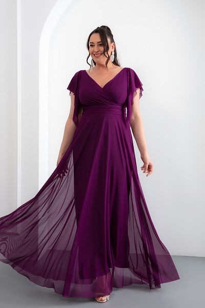 Lafaba Women's Plum V Neck Short Sleeve Plus Size Long Evening Dress
