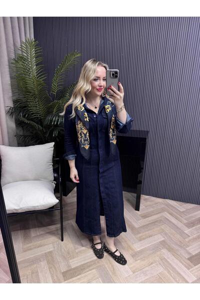 Byelifdursun Belden Oturan Koyu Mavi Denim Elbise