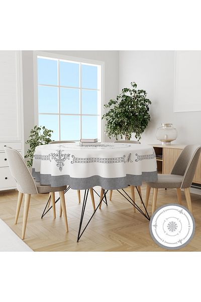 yok yok evim eve dair her şey Embroidery Effect Round Gray Tulip Pattern Printed Tablecloth