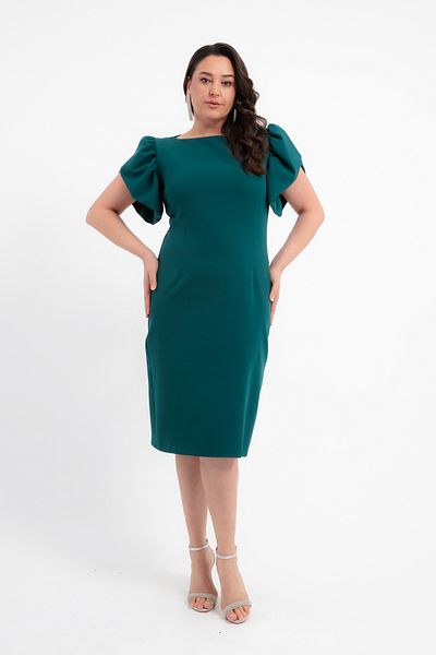 Lafaba Women's Emerald Green Balloon Sleeve Plus Size Midi Dress