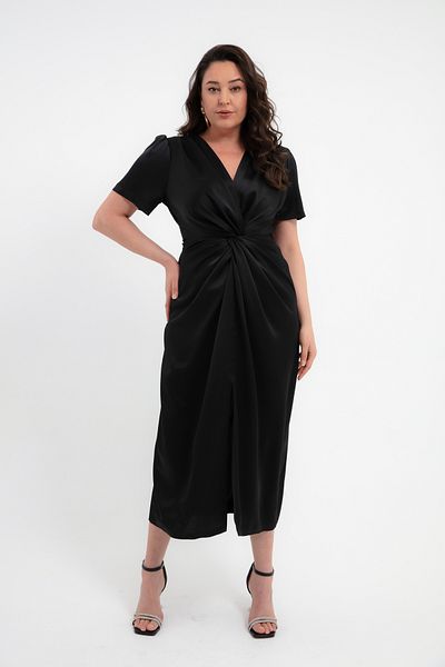 Lafaba Rochie midi din satin de mărime mare, cu detaliu cu noduri negre