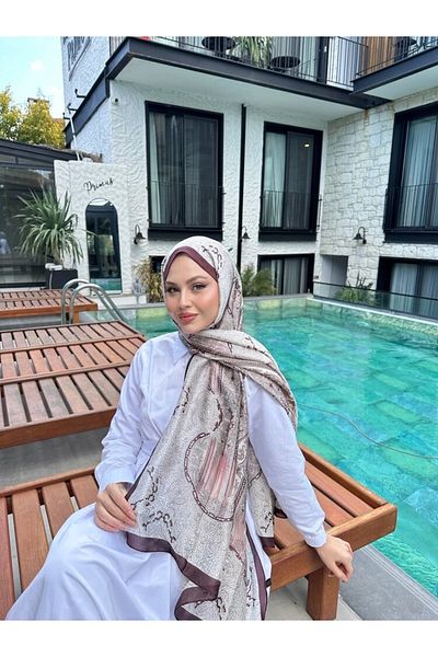 Merve Nayir Ethnic Pattern Imported Double Sided Wide Silk Voile Shawl Coffee Color