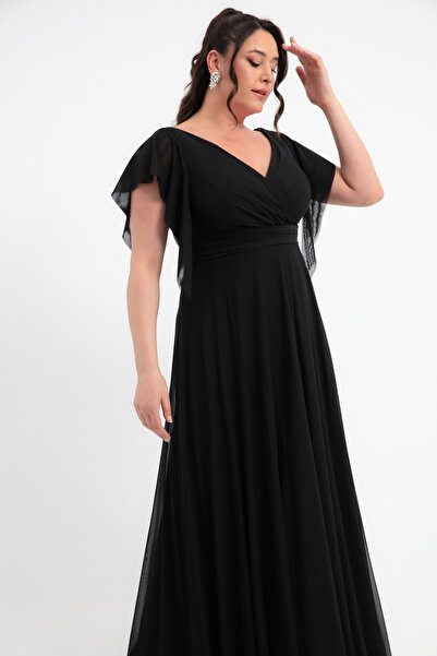 Lafaba Women's Black V Neck Short Sleeve Plus Size Long Evening Dress