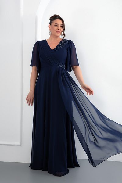 Lafaba Women's Navy Blue V-Neck Stone Plus Size Long Chiffon Evening Dress
