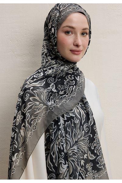Fresh Black Laura Pattern Silk Crepe Shawl