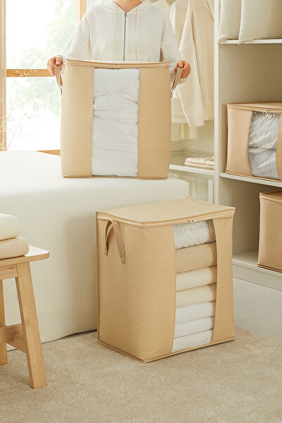 Ocean Home Textile Pencereli Bej Balıksırtı Yastık Yorgan Kazak Hurcu 45x30x50